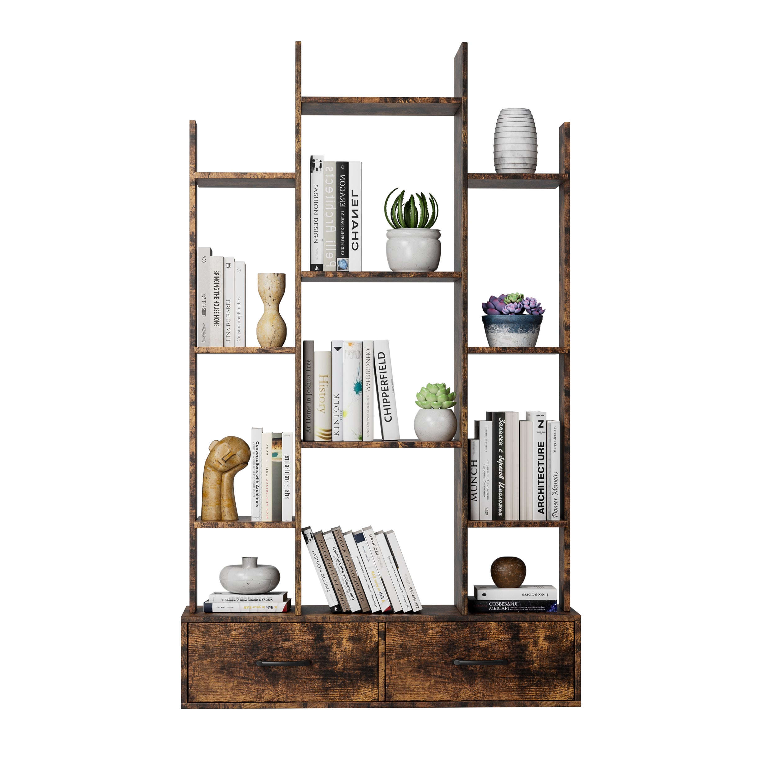 12-Shelf Tree Bookcase with 2 Drawers