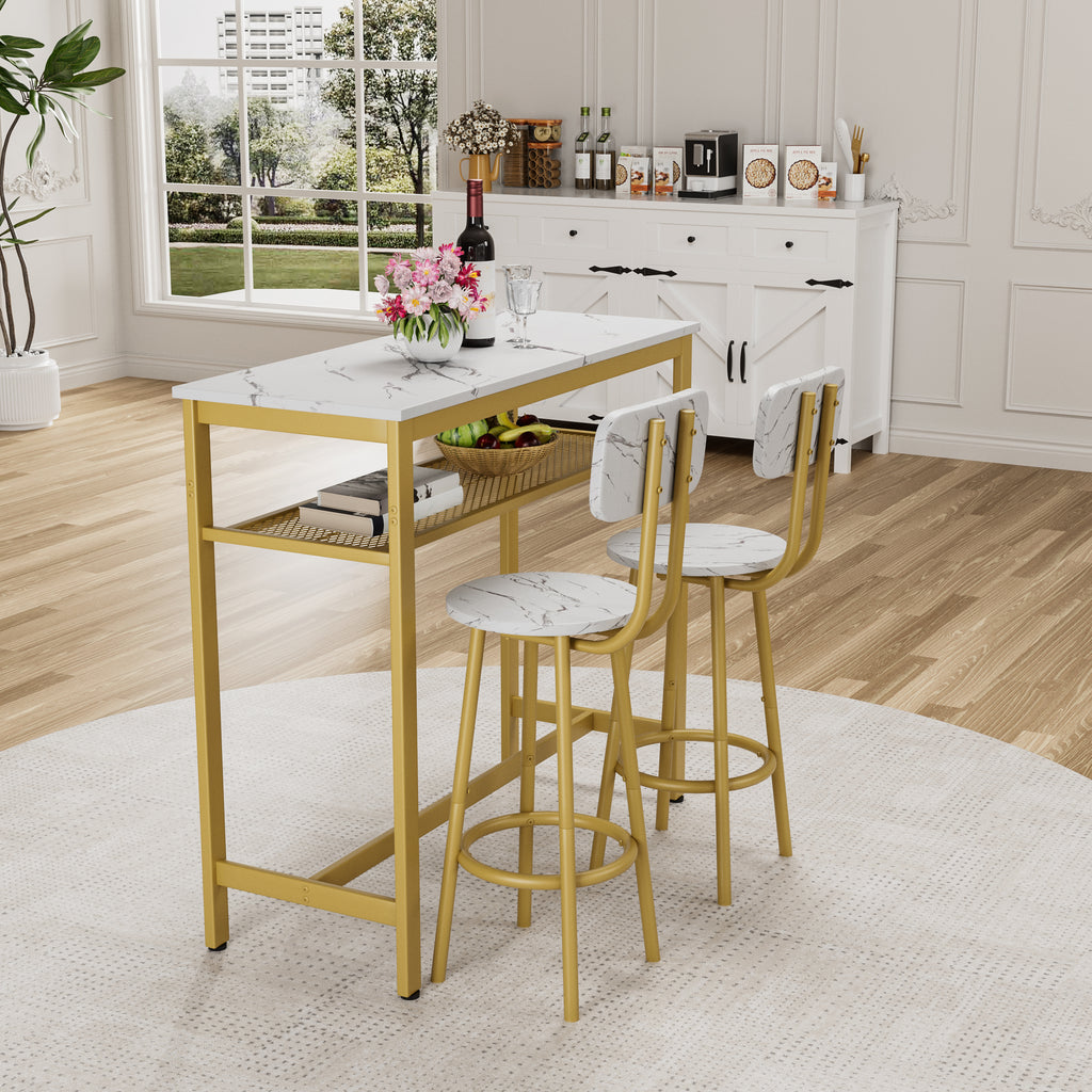 Dining Table Set with 2 Stools,3 Piece Counter Height for Kitchen, Living Room, Small Apartment Breakfast Table White Faux Marble Top