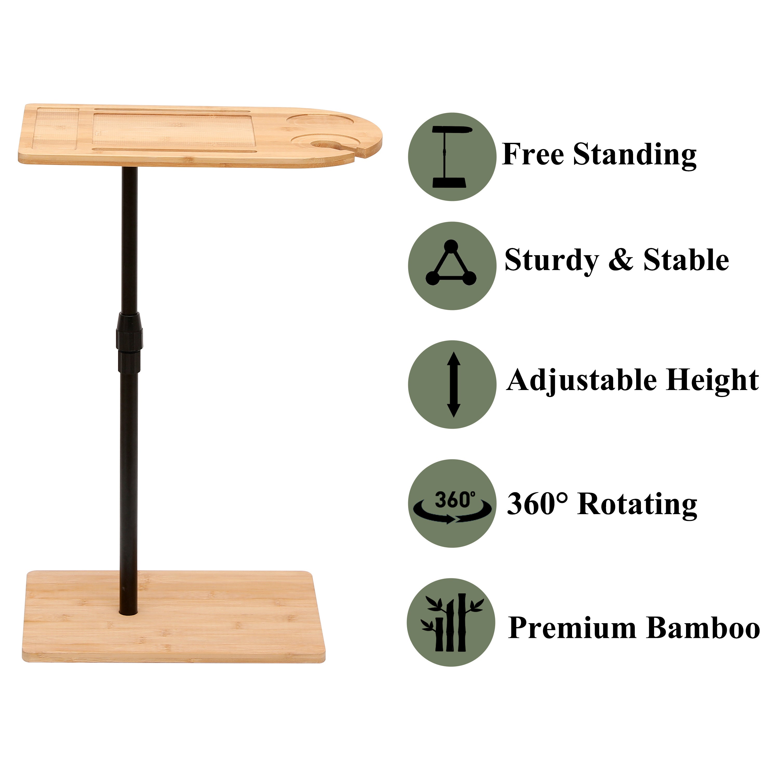 Couch Tray Table Bamboo Height Adjustable Side Table for Sofa C-shaped Oval End Tables – view 5