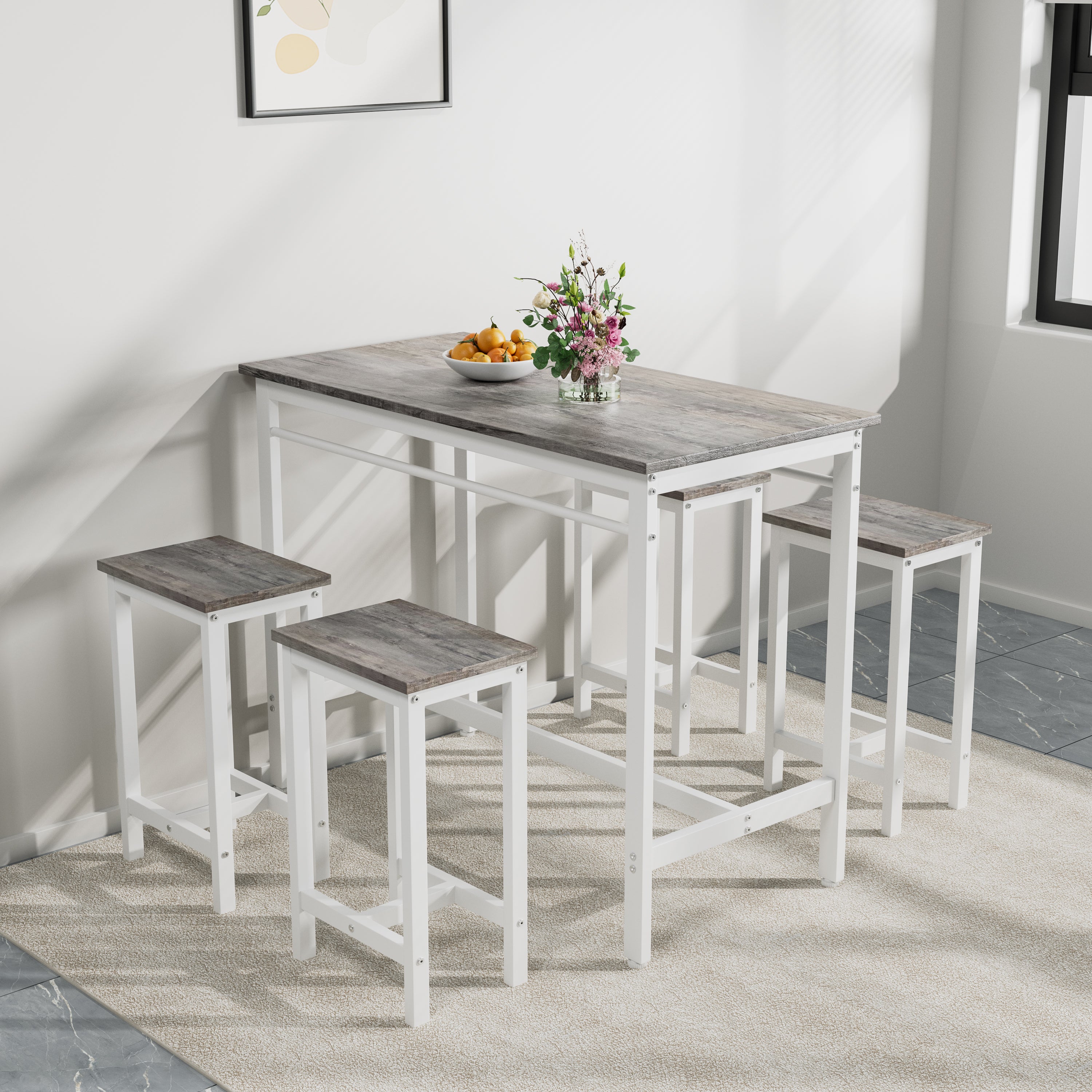 5-piece modern kitchen table with four bar stools Bar table set 5PC,metal frame and MDF, white oak,47.5'' L x 23.7'' W x 35.5'' H.