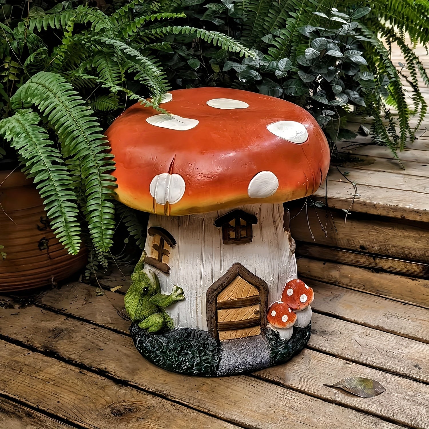 13.4" Mushroom House Garden Stool, Oversized Resin Sculpture & Fairy Forest Base – view 7