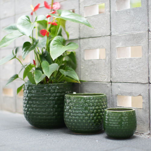 Handmade Glazed Ceramic Planter Set of 3, 9/7/5 Inch Diameter, Dark Green Solid Glossy Finish, for Succulents & Herbs Outdoor Patio & Indoor Staircase Use, Breathable Clay with Drainage Holes