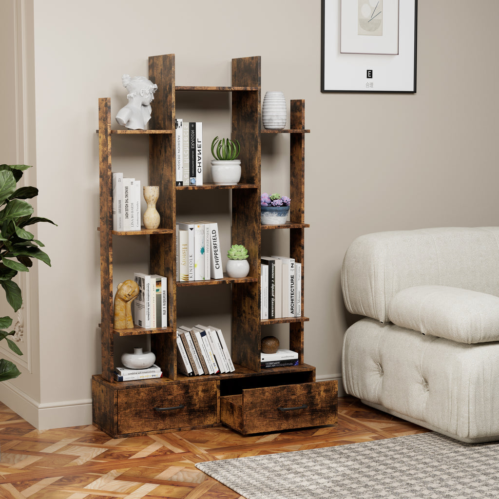 12-Shelf Tree Bookcase with 2 Drawers