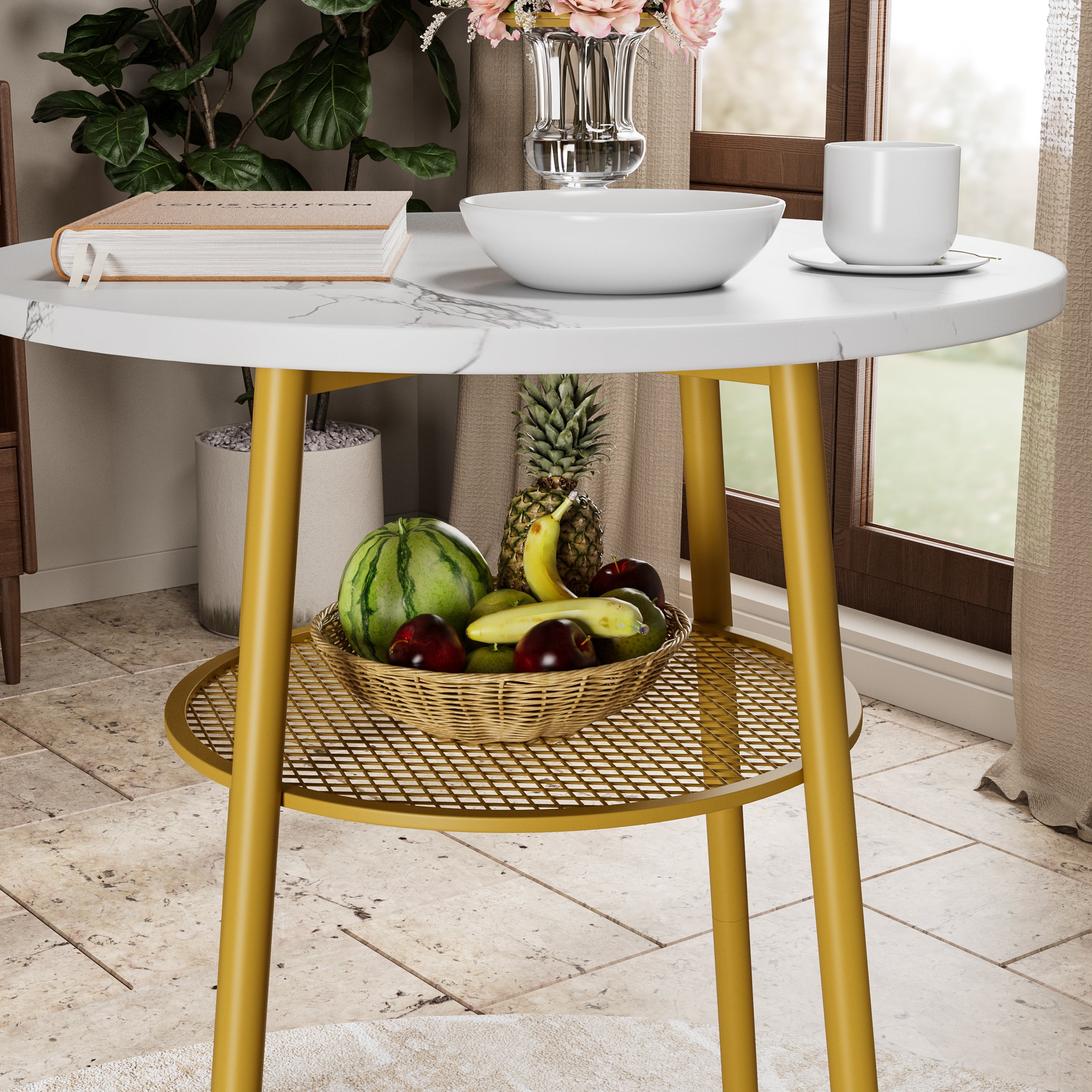 3 Pcs Dining Table and Chairs Set with 2 Stools Dining Table Set Faux Marble Tabletop for Home or Hotel Dining Room, Kitchen or Bar