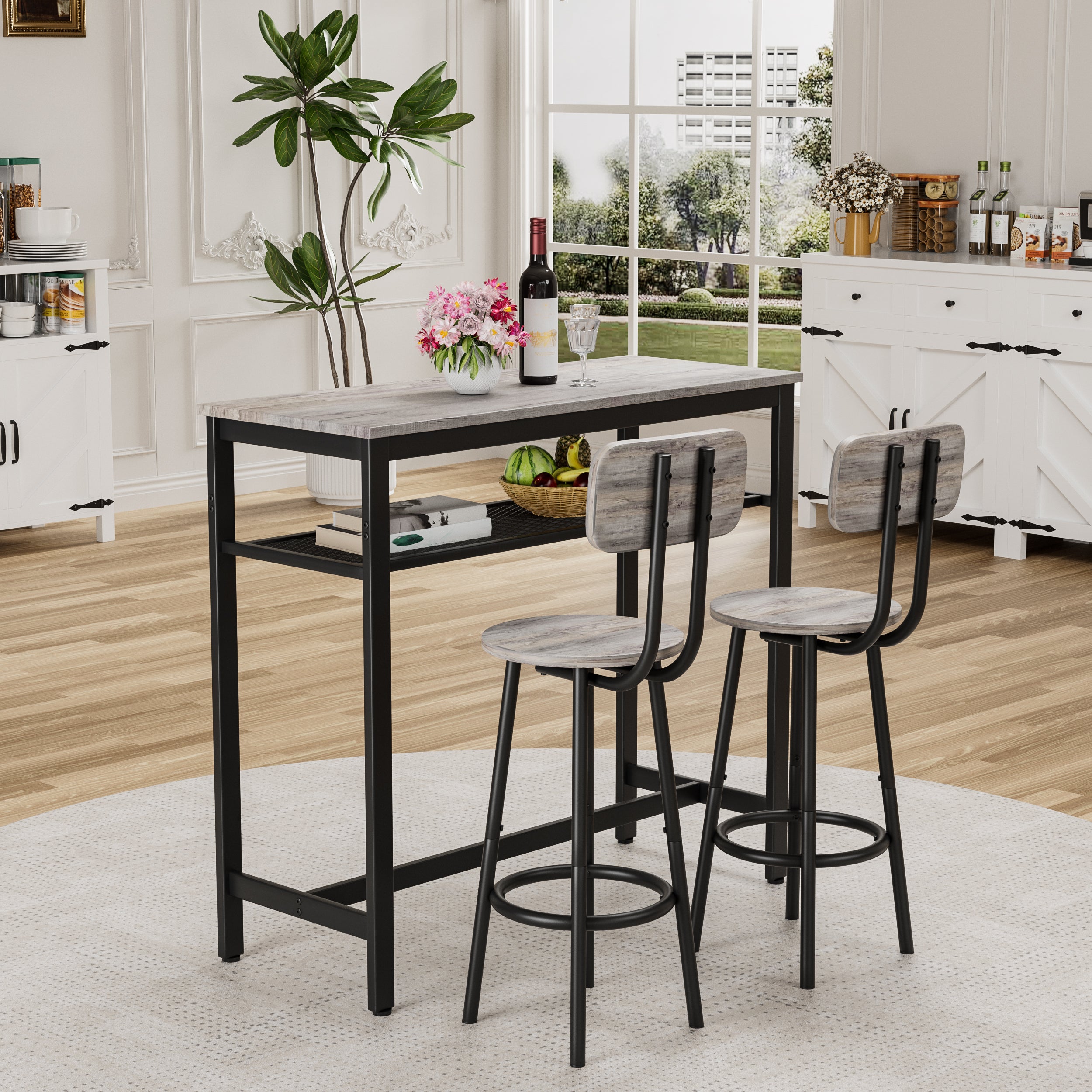 Bar Table and Chairs Set, Square Table With 2 Stools, Dining Pub Set for 2, Space Saving for Kitchen Breakfast, Living Room, Party Room, Grey