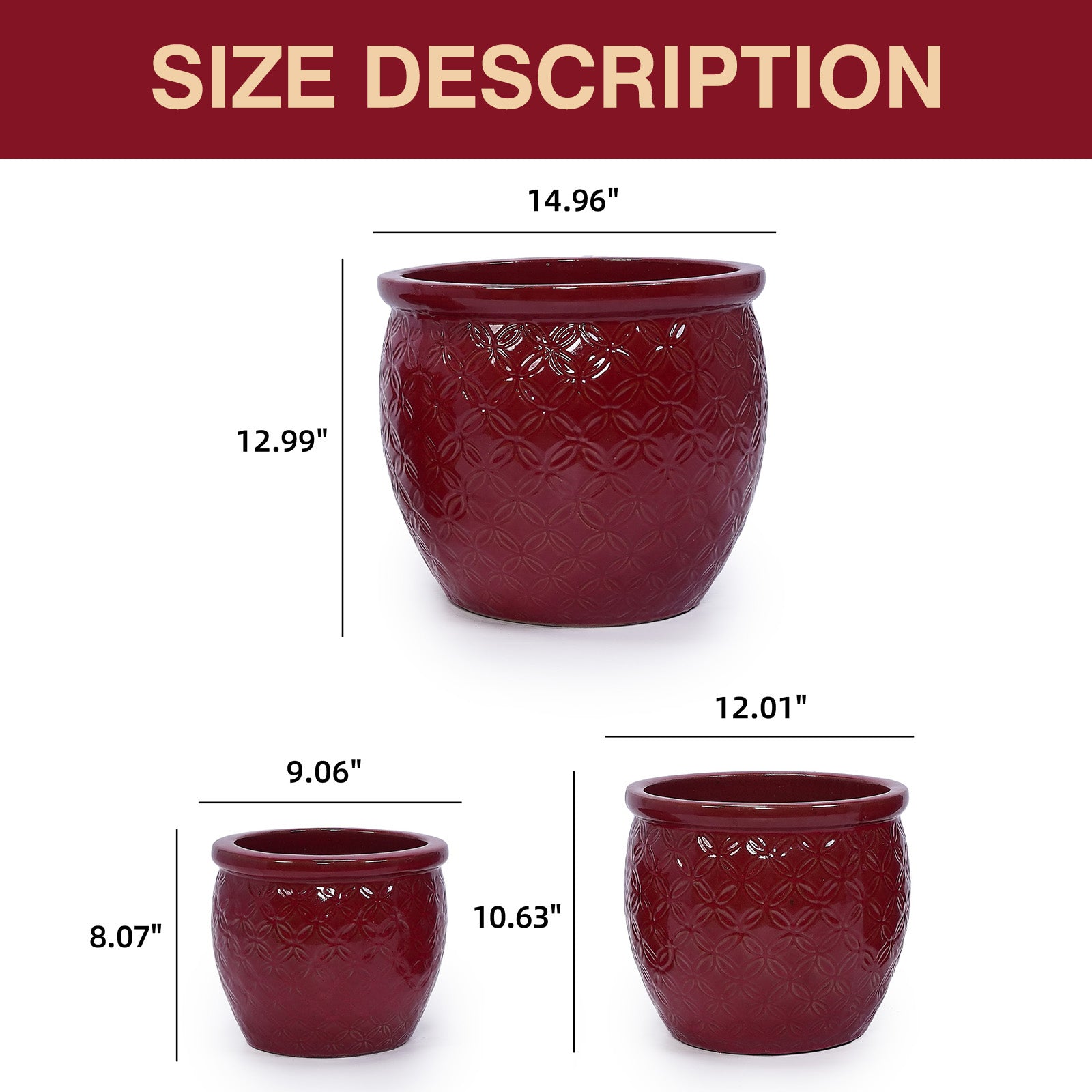 Handmade Ceramic Flower Pot Set of 3, 15/12/10 Inch Diameter, Deep Red with Floral Embossed Pattern, for Orchids Indoor/Outdoor Use on Windowsill & Bookshelf, Breathable Clay