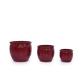 Handmade Ceramic Flower Pot Set of 3, 15/12/10 Inch Diameter, Deep Red with Floral Embossed Pattern, for Orchids Indoor/Outdoor Use on Windowsill & Bookshelf, Breathable Clay