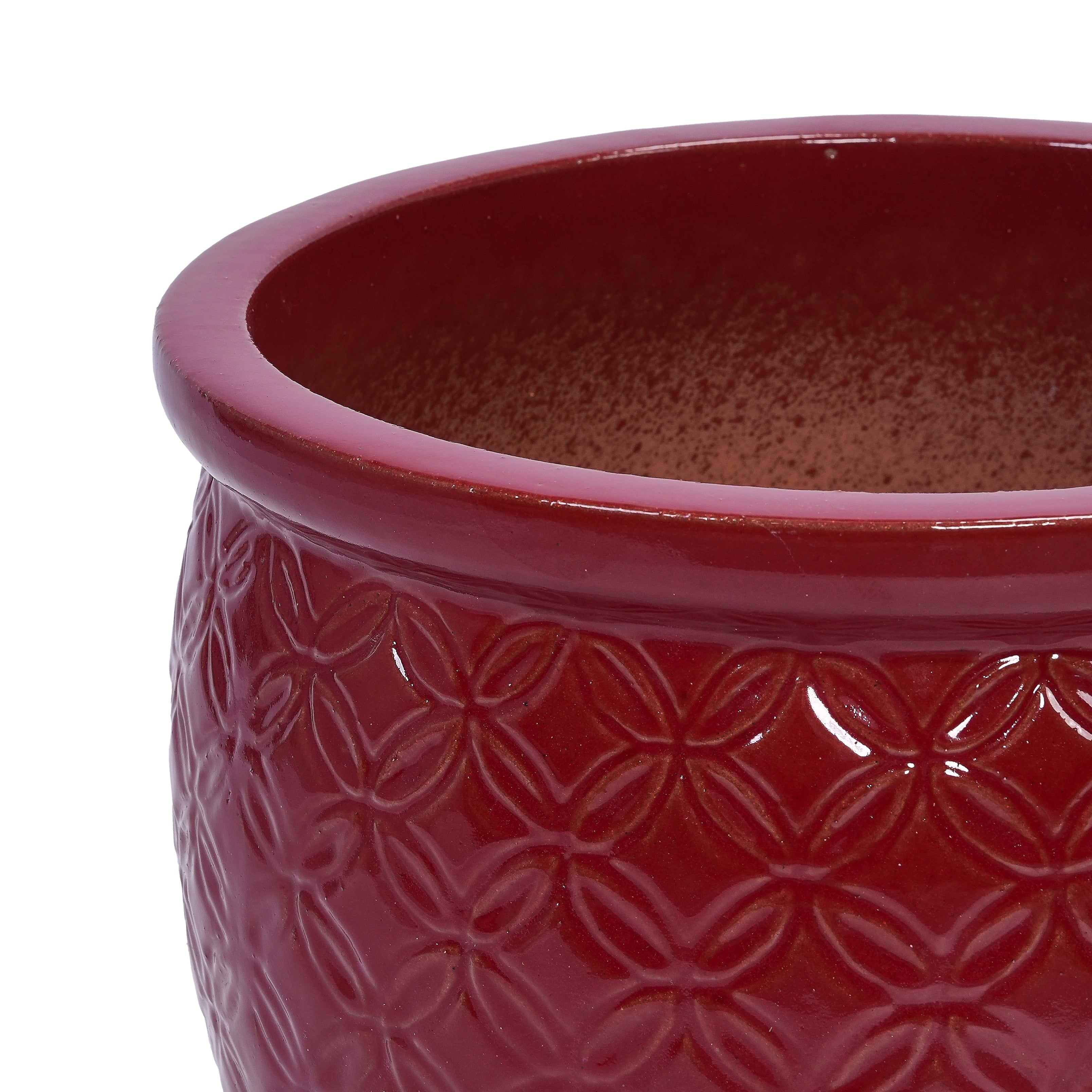 Handmade Ceramic Flower Pot Set of 3, 15/12/10 Inch Diameter, Deep Red with Floral Embossed Pattern, for Orchids Indoor/Outdoor Use on Windowsill & Bookshelf, Breathable Clay