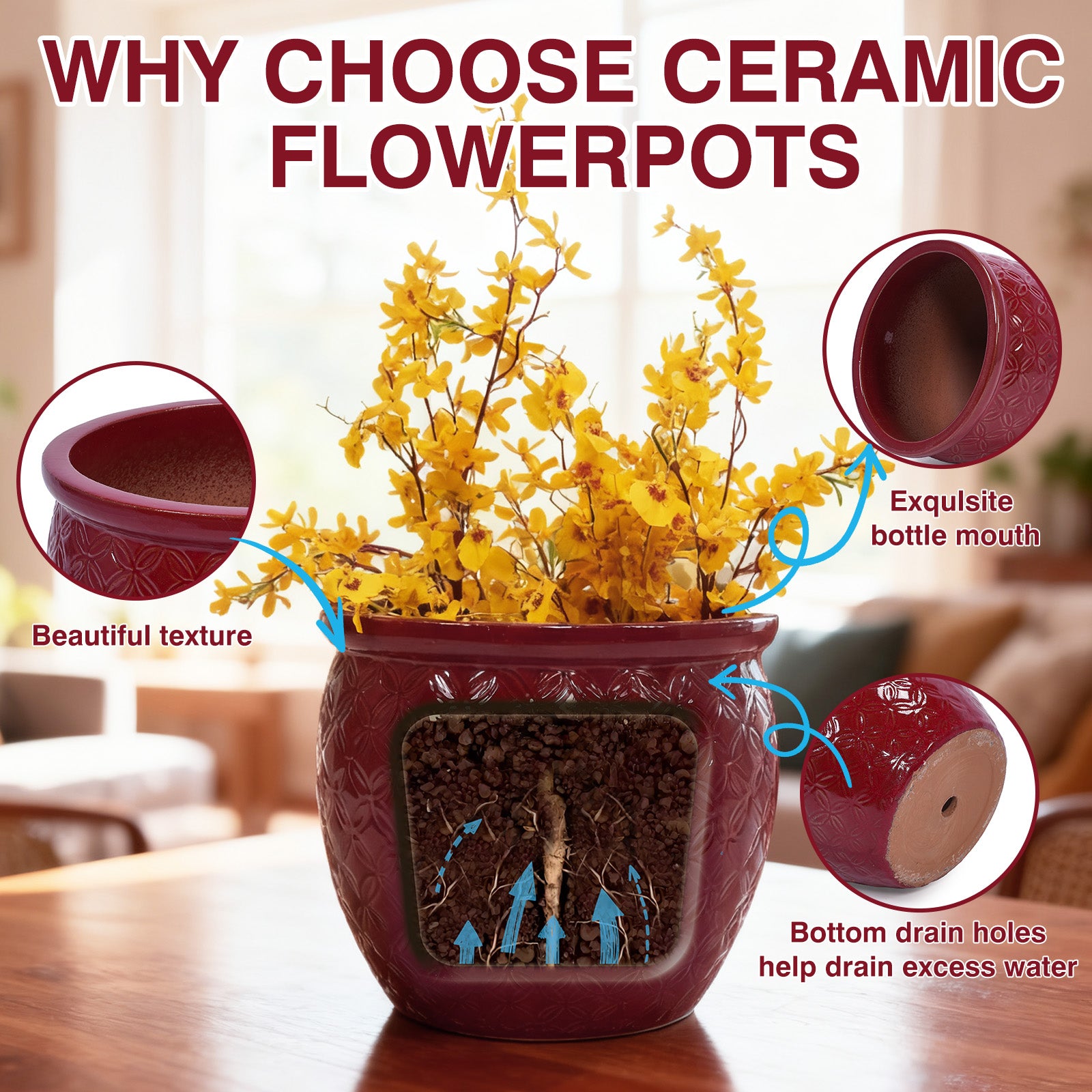 Handmade Ceramic Flower Pot Set of 3, 15/12/10 Inch Diameter, Deep Red with Floral Embossed Pattern, for Orchids Indoor/Outdoor Use on Windowsill & Bookshelf, Breathable Clay