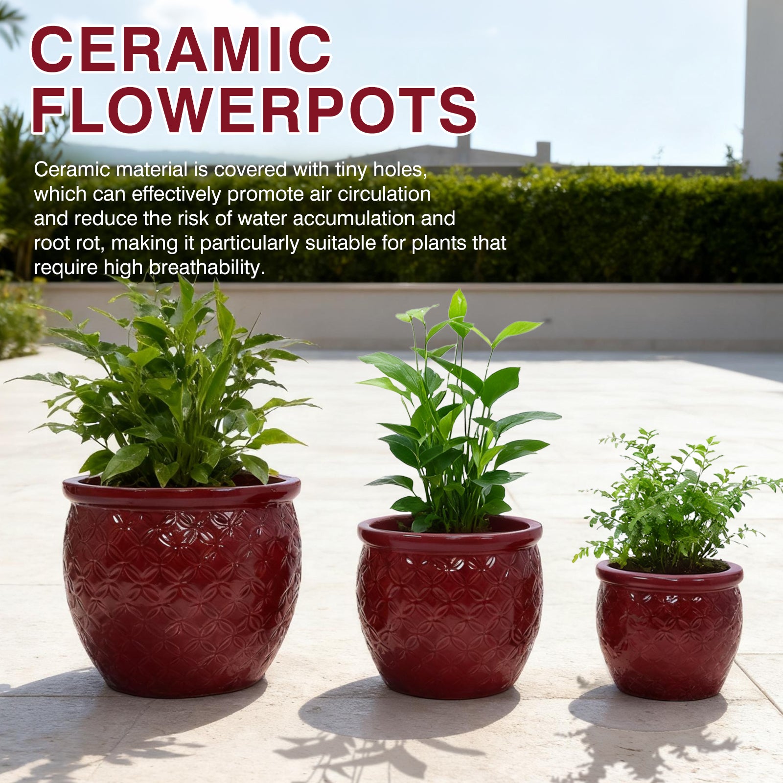 Handmade Ceramic Flower Pot Set of 3, 15/12/10 Inch Diameter, Deep Red with Floral Embossed Pattern, for Orchids Indoor/Outdoor Use on Windowsill & Bookshelf, Breathable Clay