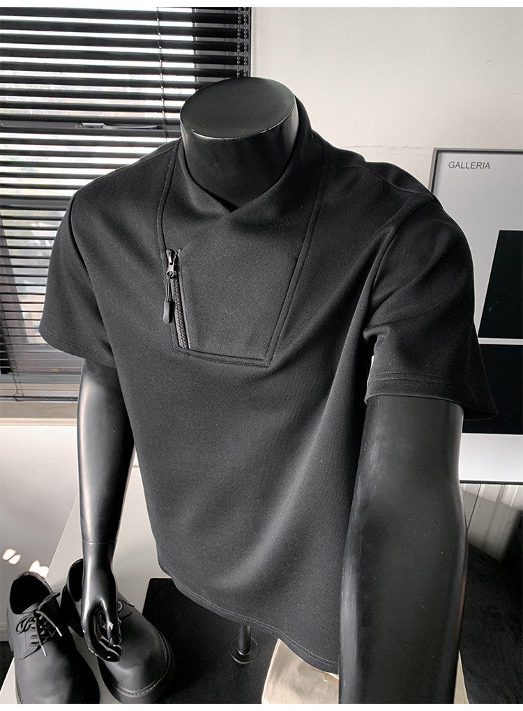 Men's Huamian Cotton Diagonal Zipper V-neck Short Sleeve T-Shirt