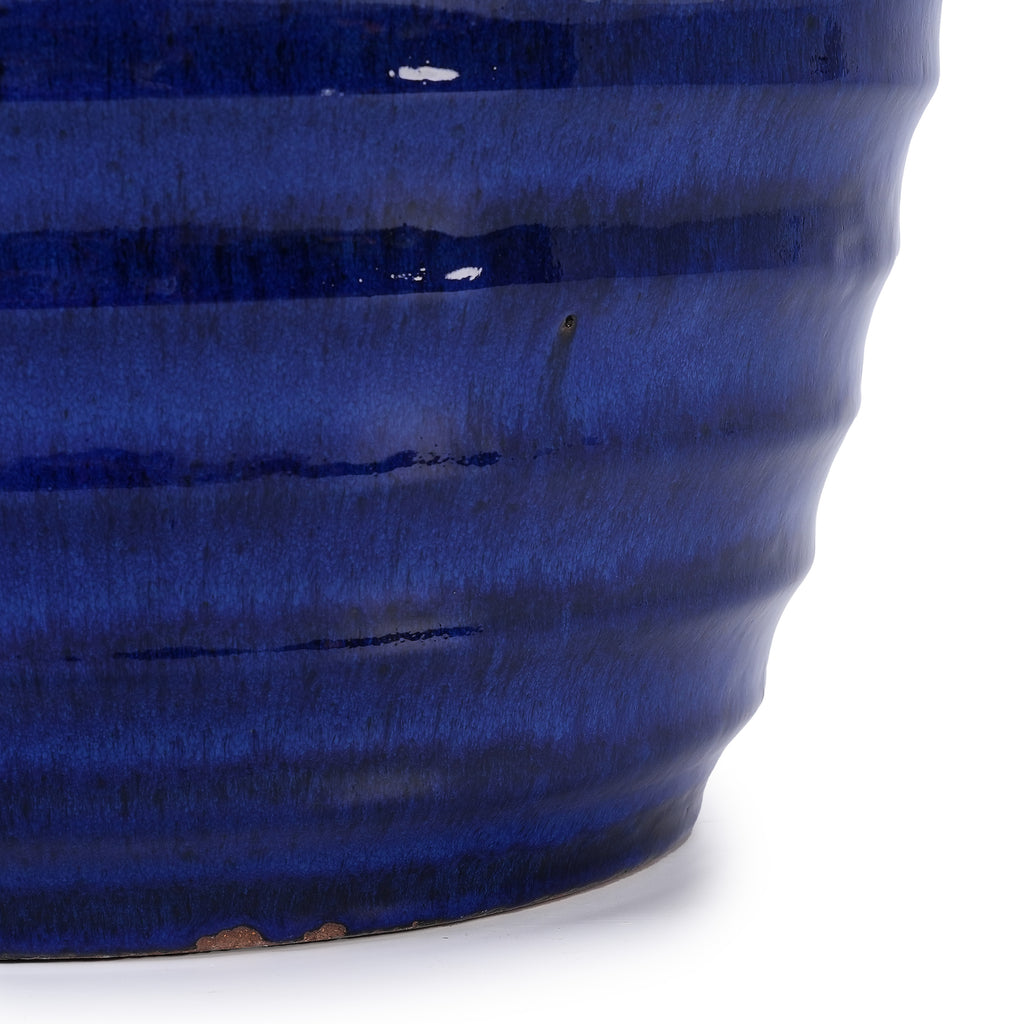 Handmade Sapphire Blue Ceramic Planter, 17 Inch Diameter, 1 Piece, Horizontal Ripples Pattern, for Monstera and Fiddle Leaf Fig, Indoor & Outdoor Doorway Use, Breathable Clay