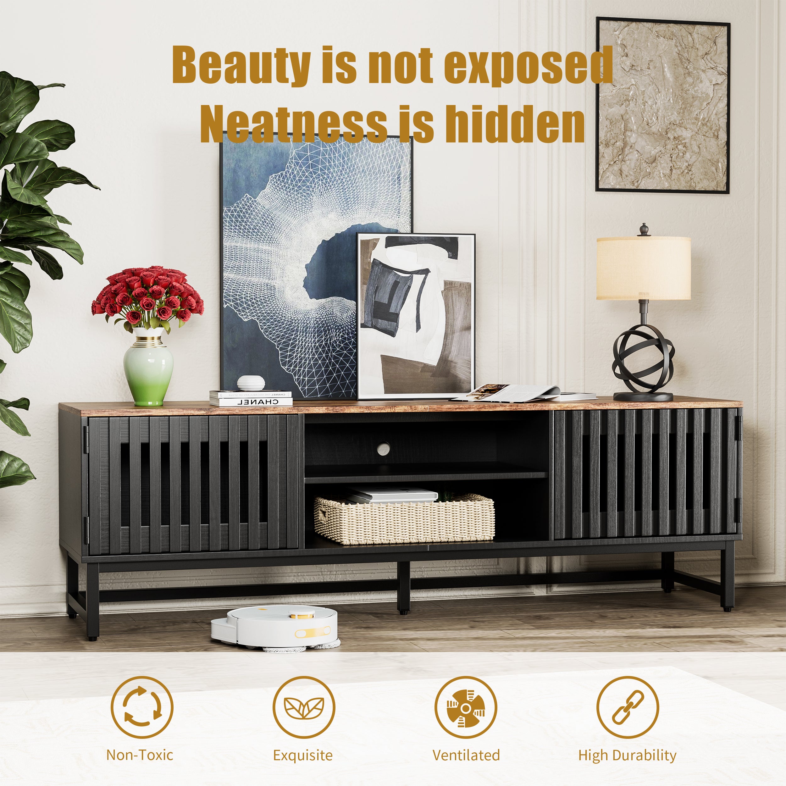 63-Inch Slatted Mid-Century TV Stand