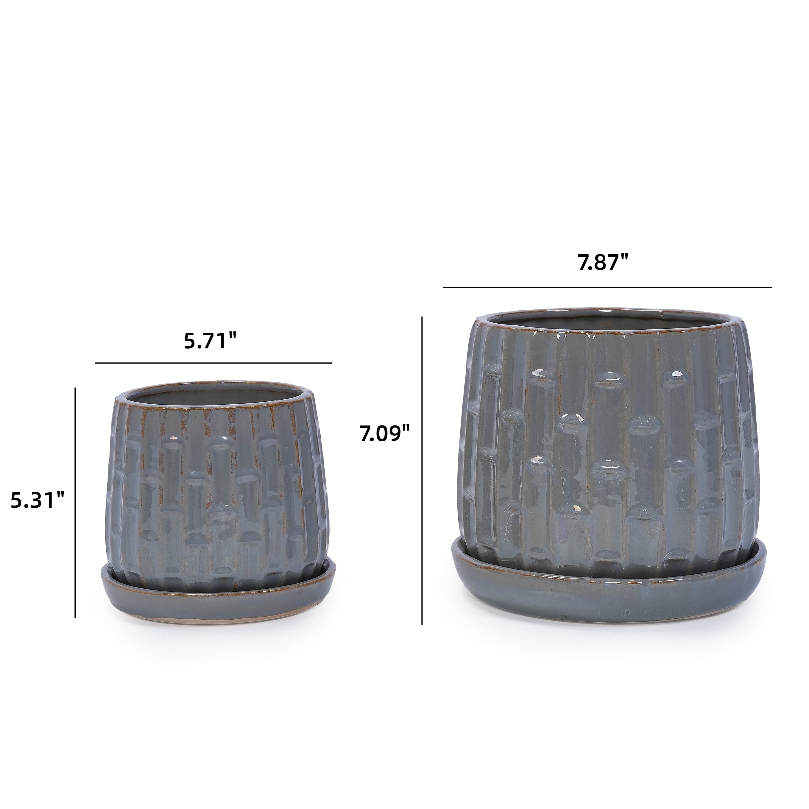 Handmade Ceramic Flower Pot with Groove Pattern, 6 & 8 Inch Diameter, Indoor/Outdoor Use on Windowsill & Bookshelf, Breathable Clay with Saucer