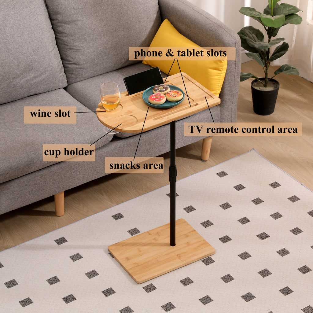 Couch Tray Table Bamboo Height Adjustable Side Table for Sofa C-shaped Oval End Tables – view 3