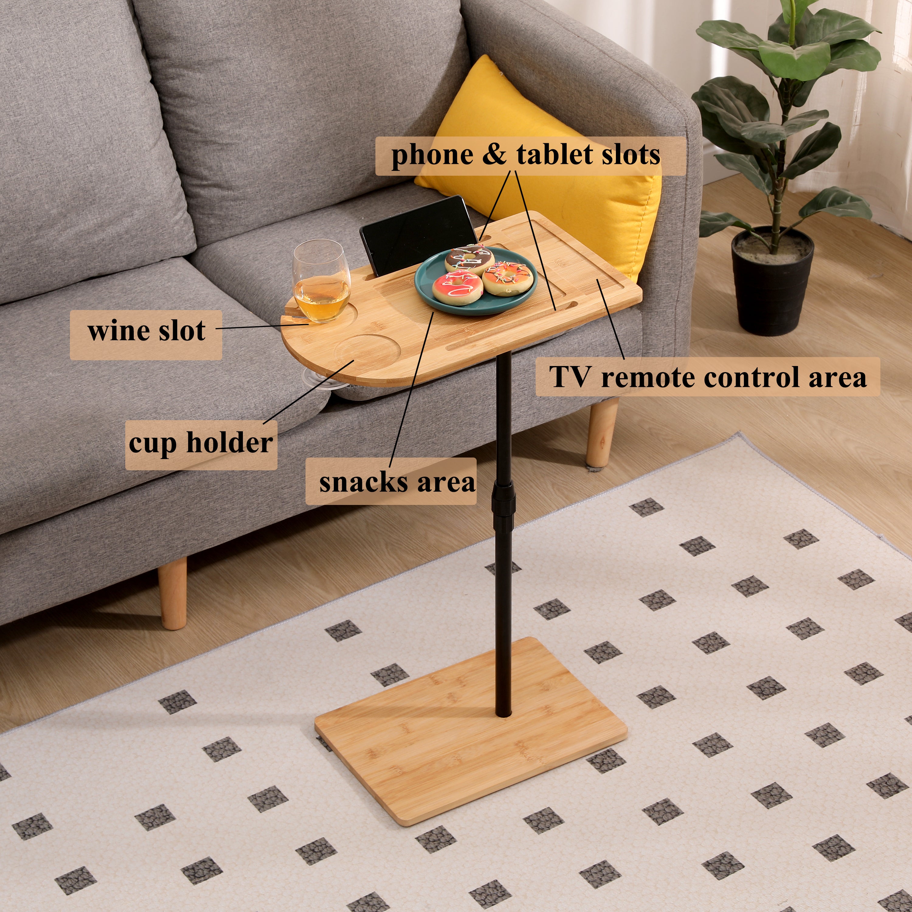 Couch Tray Table Bamboo Height Adjustable Side Table for Sofa C-shaped Oval End Tables – view 3