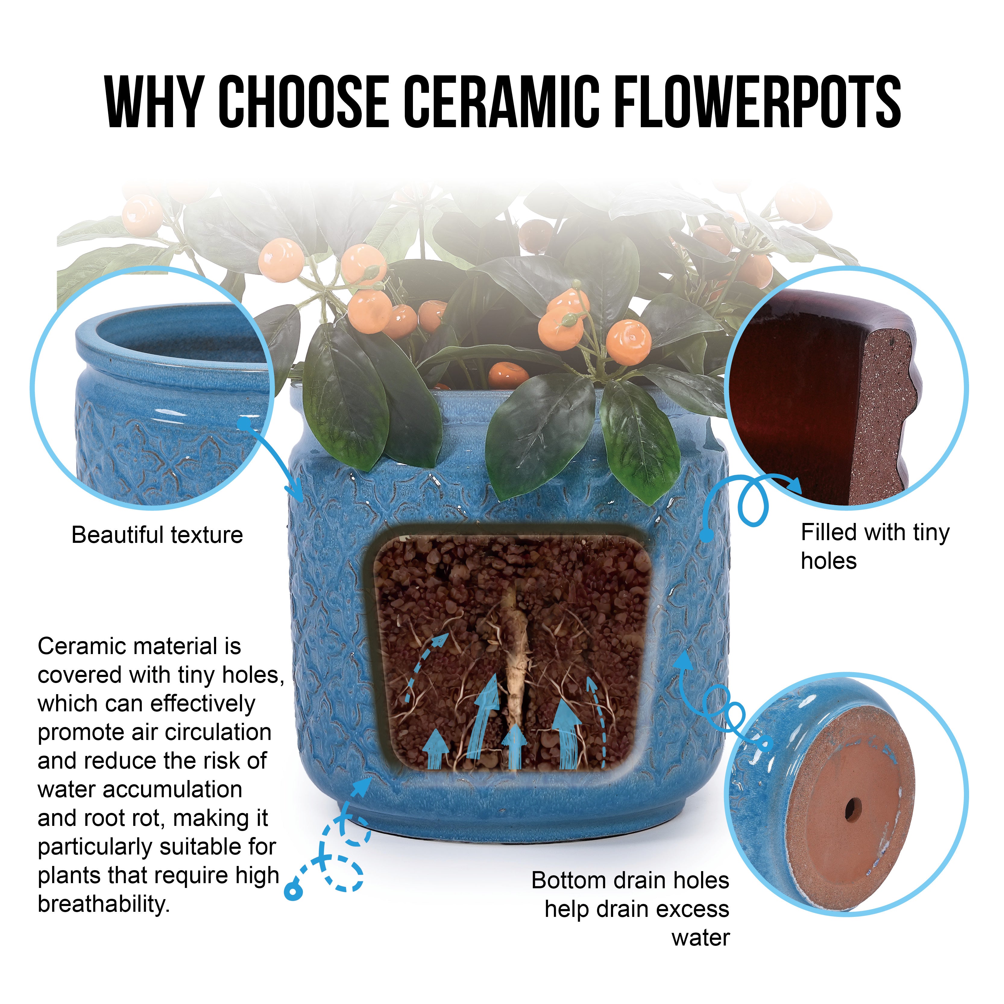 Handmade Ceramic Flower Pot Set of 3, 15/12/9 Inch Diameter, Blue with Geometric Pattern, for Orchids Indoor/Outdoor Use on Windowsill & Bookshelf, Breathable Clay