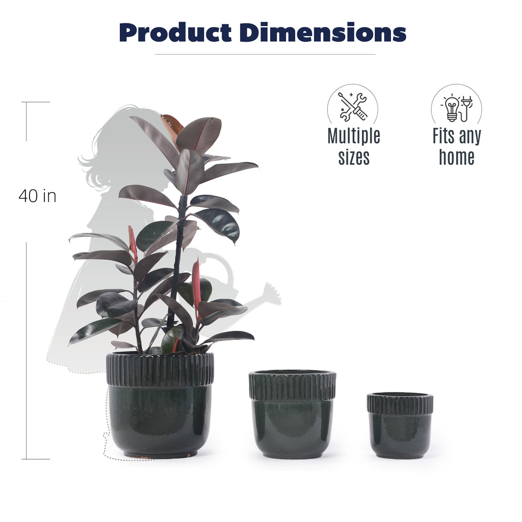 Handmade Ceramic Planter Set of 3, 15/12/9 Inch Diameter, Dark Green Vertical Ribbed Pattern, for Succulents Indoor/Outdoor Use on Windowsill & Bookshelf, Breathable Clay
