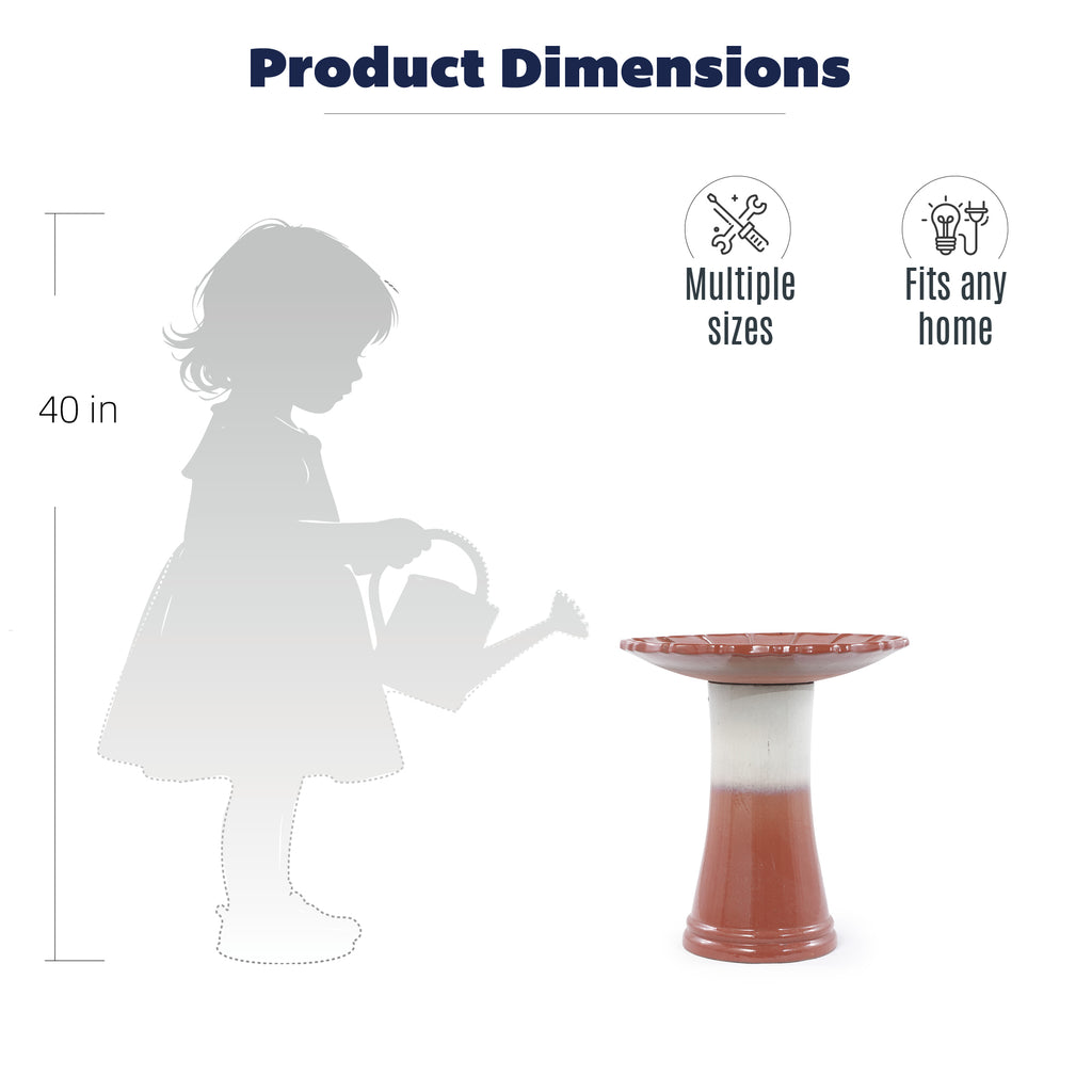 Handmade glazed ceramic bird bath, 17"scalloped tray & 18" pedestal base, rust red off-white gradient glaze outdoor bird feeder for yard, lawn, patio & backyard