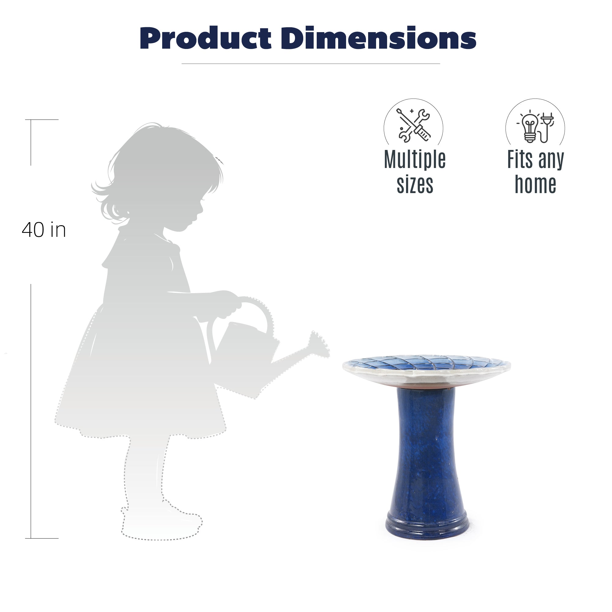 Handmade glazed ceramic bird bath, 17" concentric lotus embossed tray & 18" pedestal base, deep blue pale white gradient glaze outdoor bird feeder for yard, lawn, patio & backyard