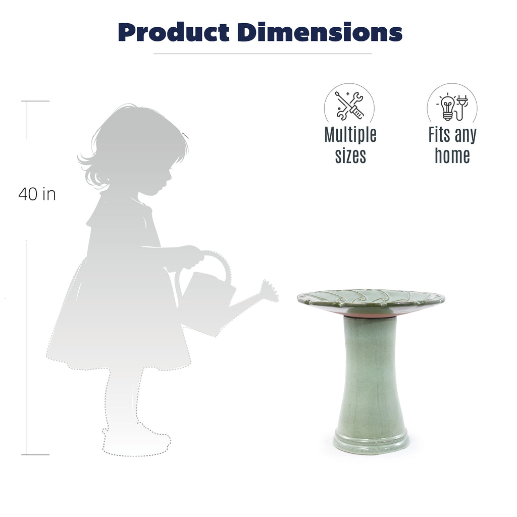 Handmade glazed ceramic bird bath, 17" swirling scroll embossed tray & 18" pedestal base, sage green gradient glaze outdoor bird feeder for yard, lawn, patio & backyard