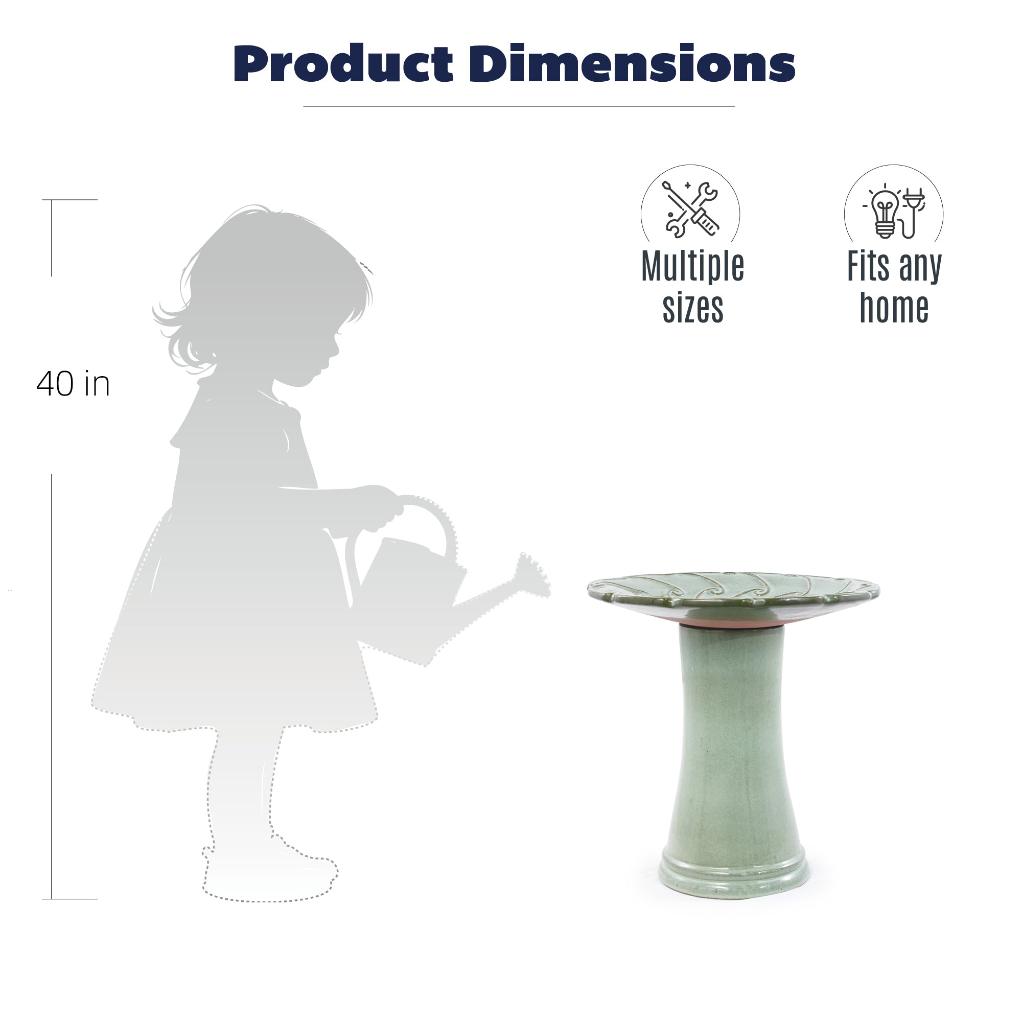 Handmade glazed ceramic bird bath, 17" swirling scroll embossed tray & 18" pedestal base, sage green gradient glaze outdoor bird feeder for yard, lawn, patio & backyard