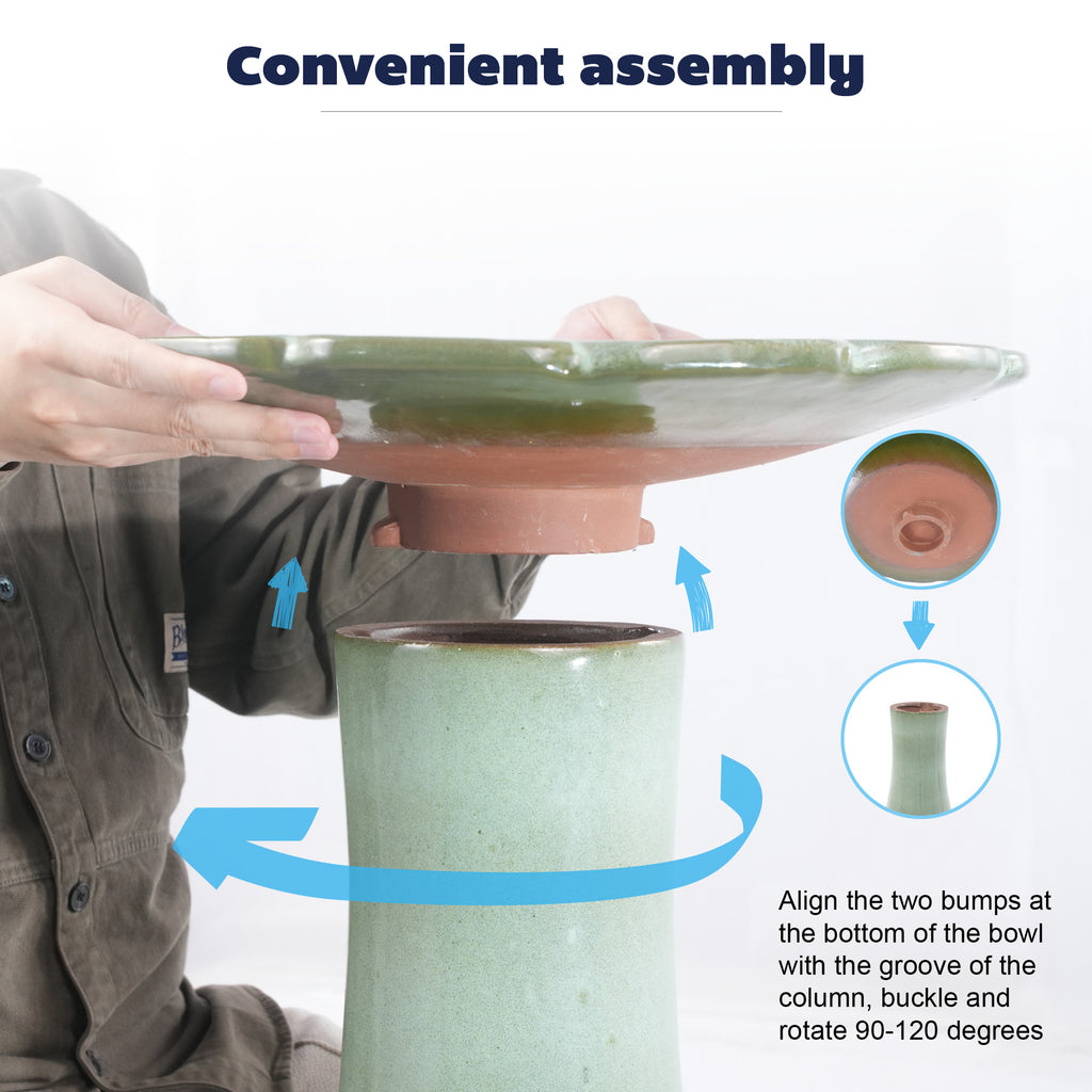 Handmade glazed ceramic bird bath, 17" swirling scroll embossed tray & 18" pedestal base, sage green gradient glaze outdoor bird feeder for yard, lawn, patio & backyard