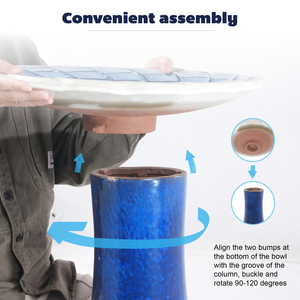 Handmade glazed ceramic bird bath, 17" concentric lotus embossed tray & 18" pedestal base, deep blue pale white gradient glaze outdoor bird feeder for yard, lawn, patio & backyard