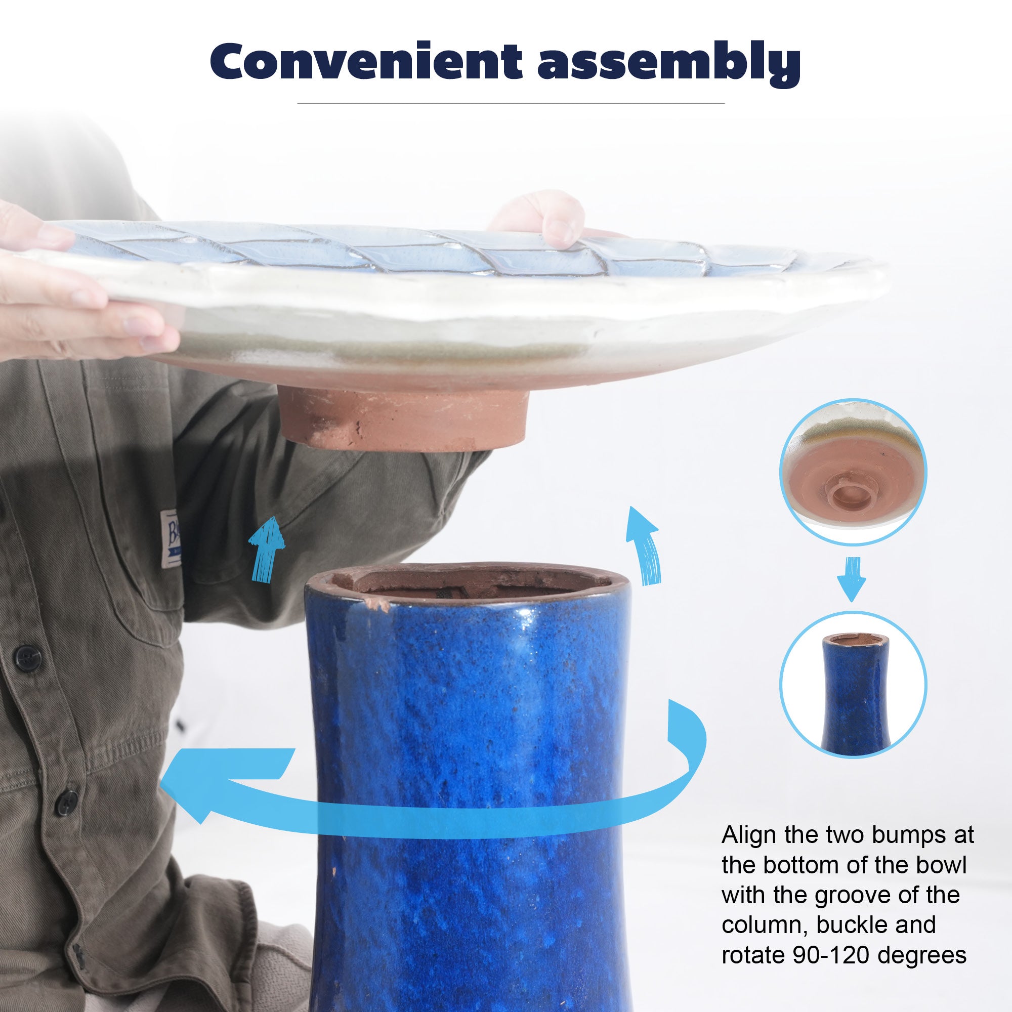 Handmade glazed ceramic bird bath, 17" concentric lotus embossed tray & 18" pedestal base, deep blue pale white gradient glaze outdoor bird feeder for yard, lawn, patio & backyard