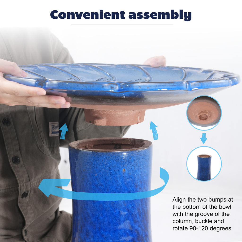 Handmade glazed ceramic bird bath, 17" swirling scroll embossed tray & 18" pedestal base, sapphire blue gradient glaze outdoor bird feeder for yard, lawn, patio & backyard