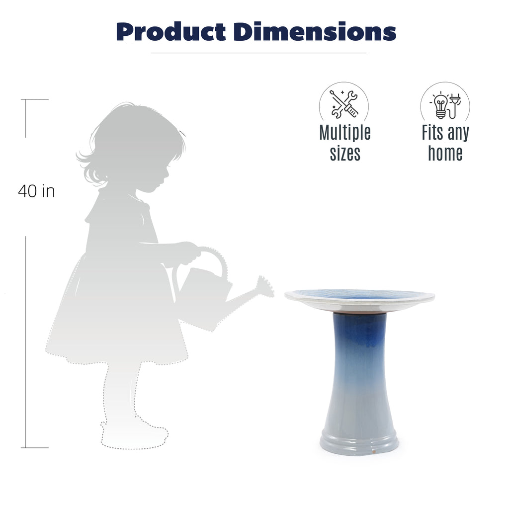 Handmade glazed ceramic bird bath, 17" concentric ripple embossed tray & 18" pedestal base, white to sapphire blue ombre gradient glaze outdoor bird feeder for yard, lawn, patio & backyard