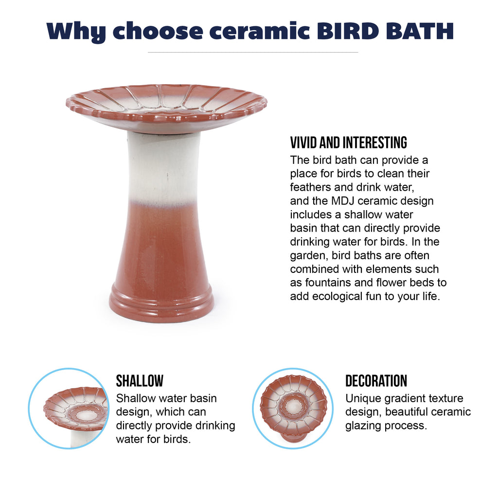 Handmade glazed ceramic bird bath, 17"scalloped tray & 18" pedestal base, rust red off-white gradient glaze outdoor bird feeder for yard, lawn, patio & backyard