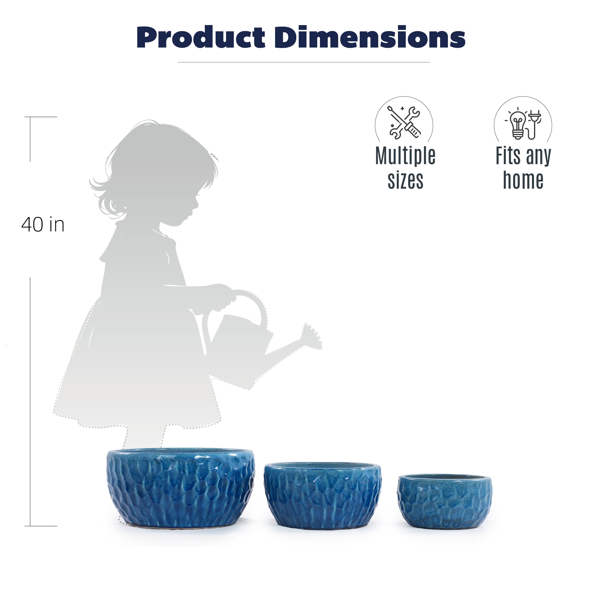 Handmade Ceramic Planter Set of 3, 15"/12"/10" Diameter, Glossy Lake Blue Hammered Texture, for Succulents & Violets, Indoor/Outdoor Use on Windowsill & Bookshelf, Breathable Clay