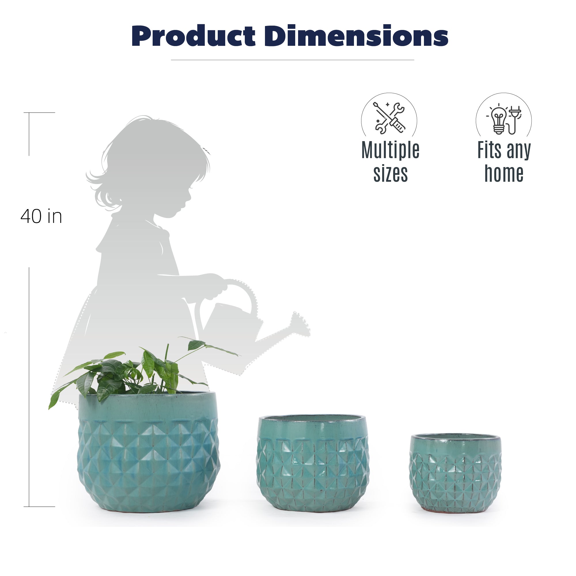 Handmade Ceramic Planter Pots Set of 3, Vintage Turquoise Diamond Embossed Textured Flower Pots with Drainage Hole, 14/12/8 Inch Breathable Clay Plant Containers for Indoor Outdoor, Succulents & Garde