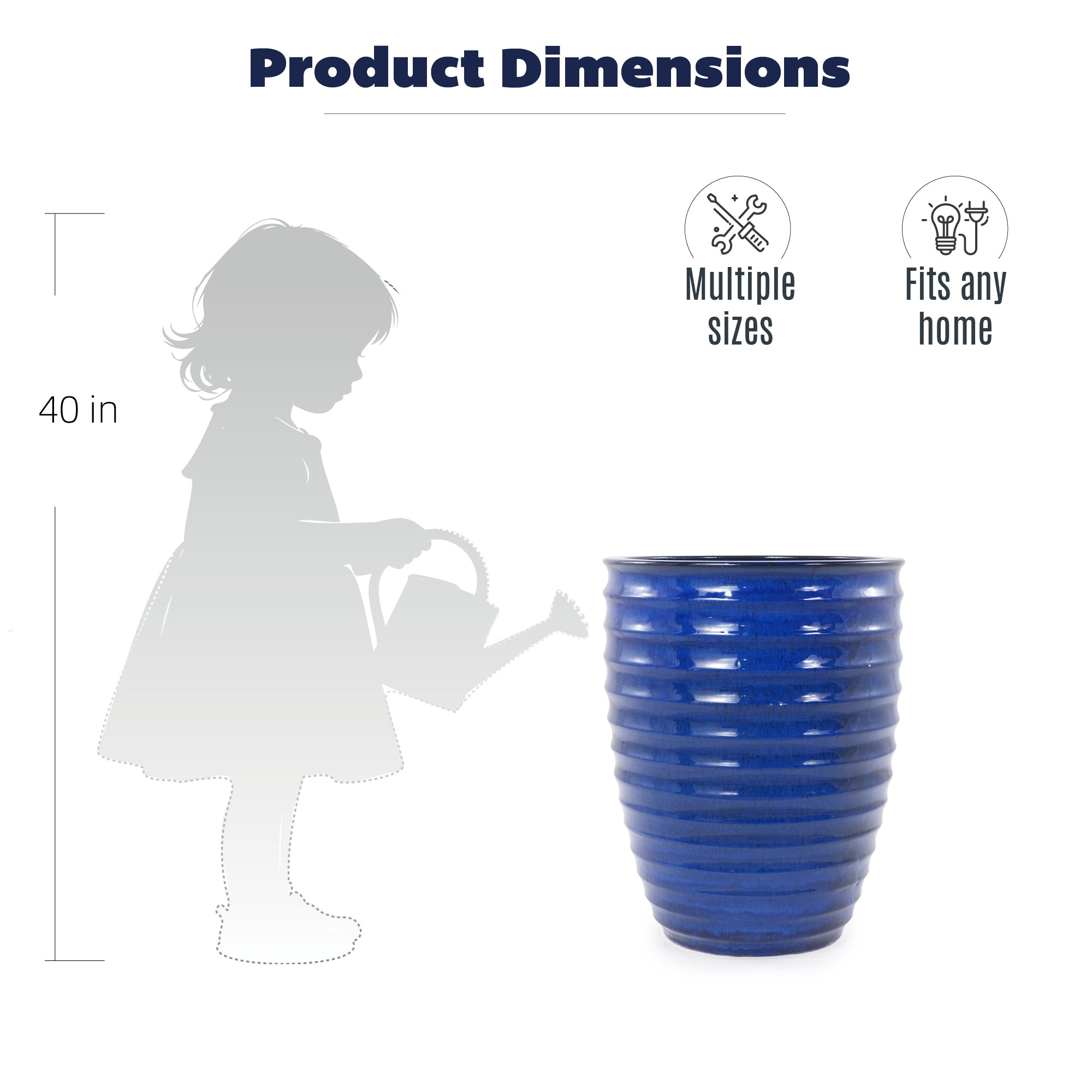 Handmade Sapphire Blue Ceramic Planter, 17 Inch Diameter, 1 Piece, Horizontal Ripples Pattern, for Monstera and Fiddle Leaf Fig, Indoor & Outdoor Doorway Use, Breathable Clay