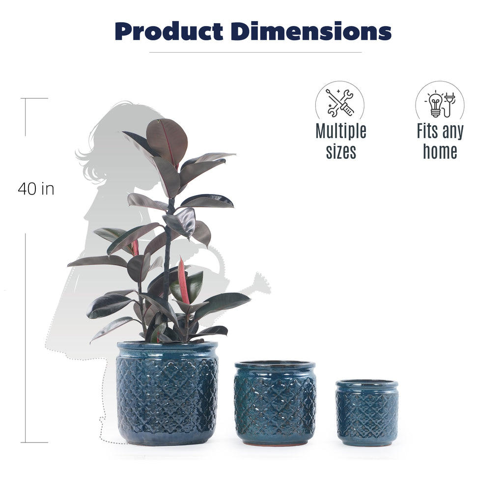 Handmade Ceramic Flower Pot Set of 3, 15/12/9 Inch Diameter, Navy Blue with Geometric Pattern, for Orchids Indoor/Outdoor Use on Windowsill & Bookshelf, Breathable Clay