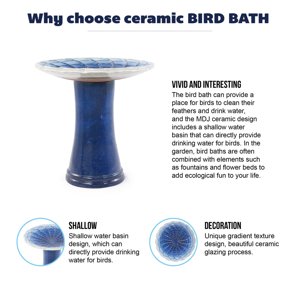 Handmade glazed ceramic bird bath, 17" concentric lotus embossed tray & 18" pedestal base, deep blue pale white gradient glaze outdoor bird feeder for yard, lawn, patio & backyard