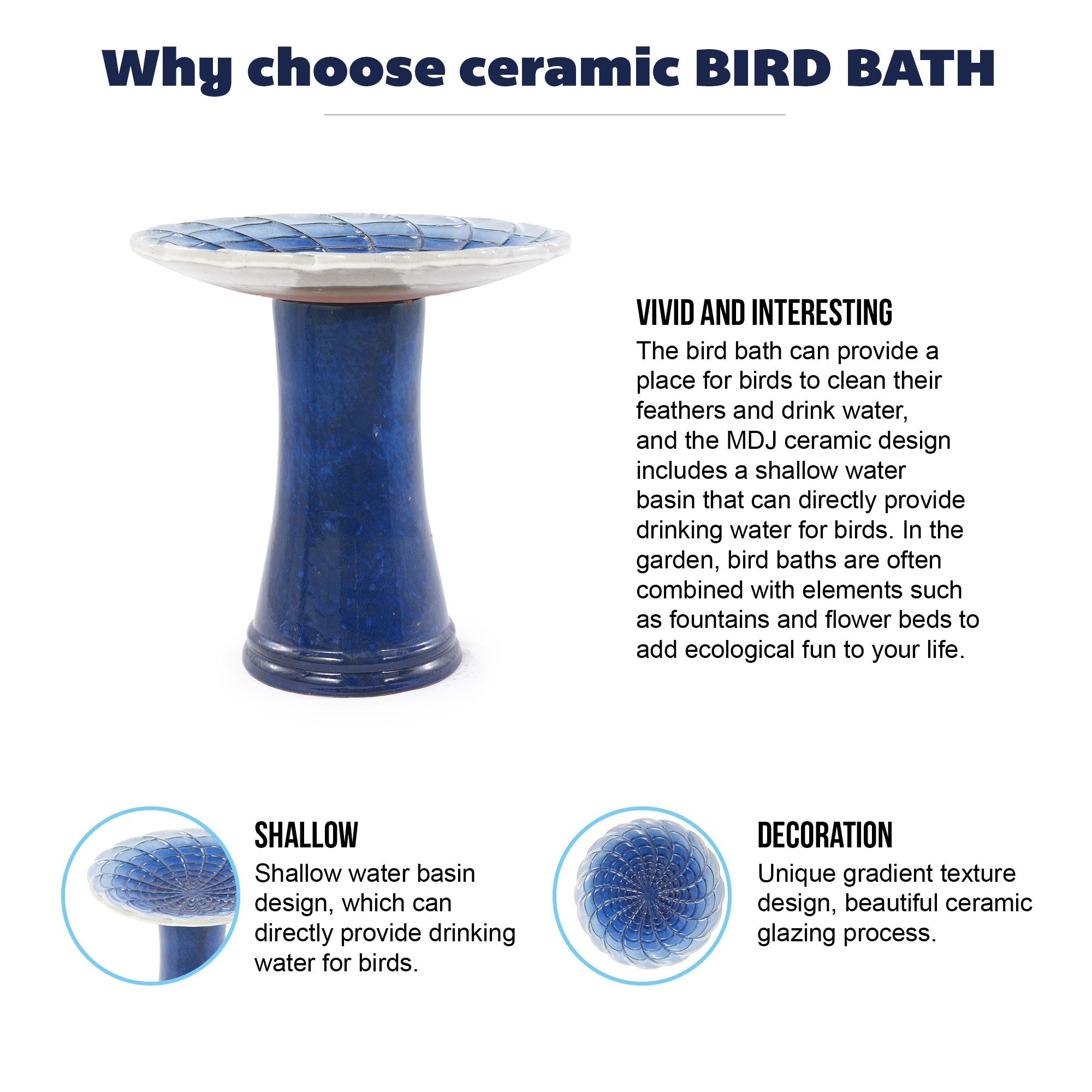 Handmade glazed ceramic bird bath, 17" concentric lotus embossed tray & 18" pedestal base, deep blue pale white gradient glaze outdoor bird feeder for yard, lawn, patio & backyard