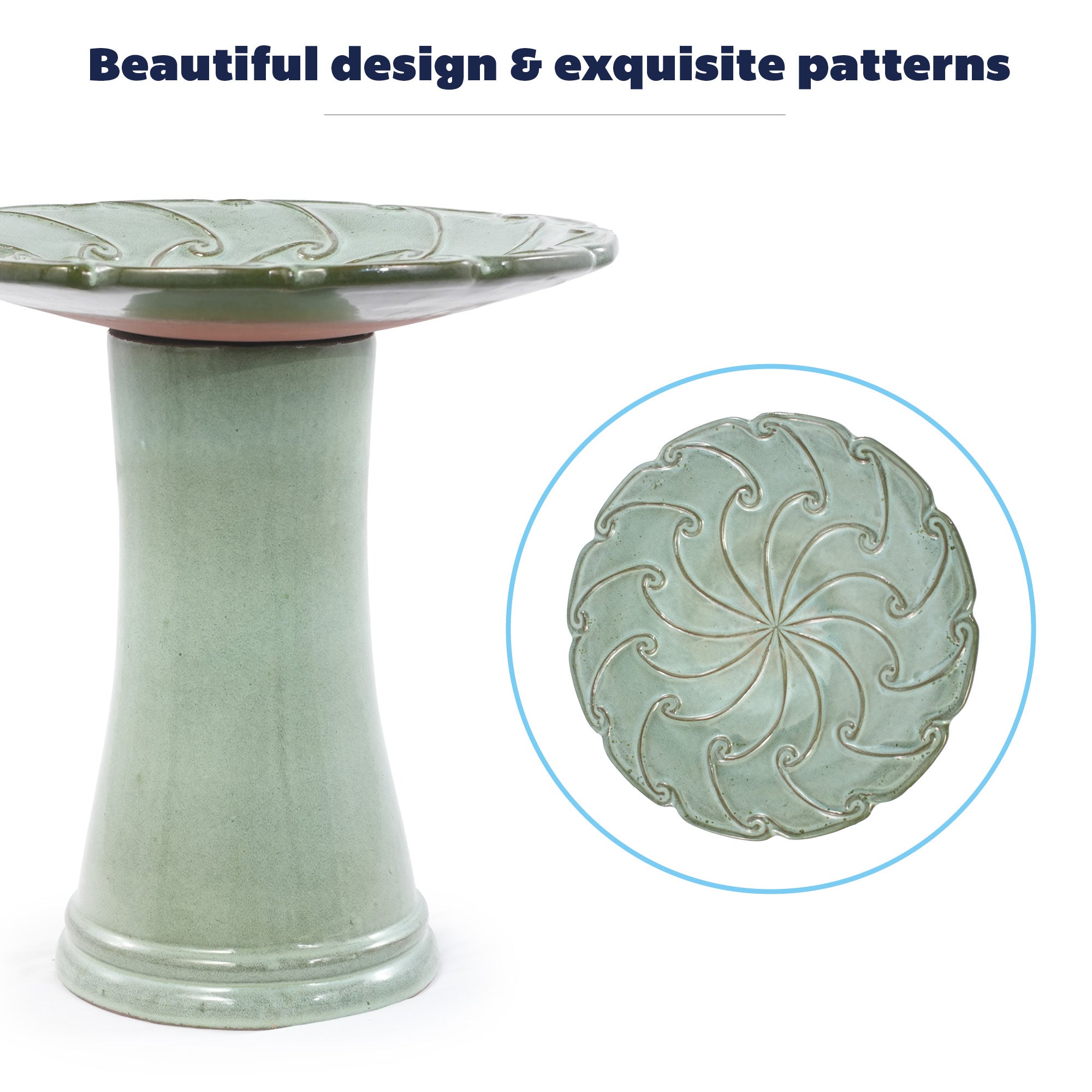Handmade glazed ceramic bird bath, 17" swirling scroll embossed tray & 18" pedestal base, sage green gradient glaze outdoor bird feeder for yard, lawn, patio & backyard