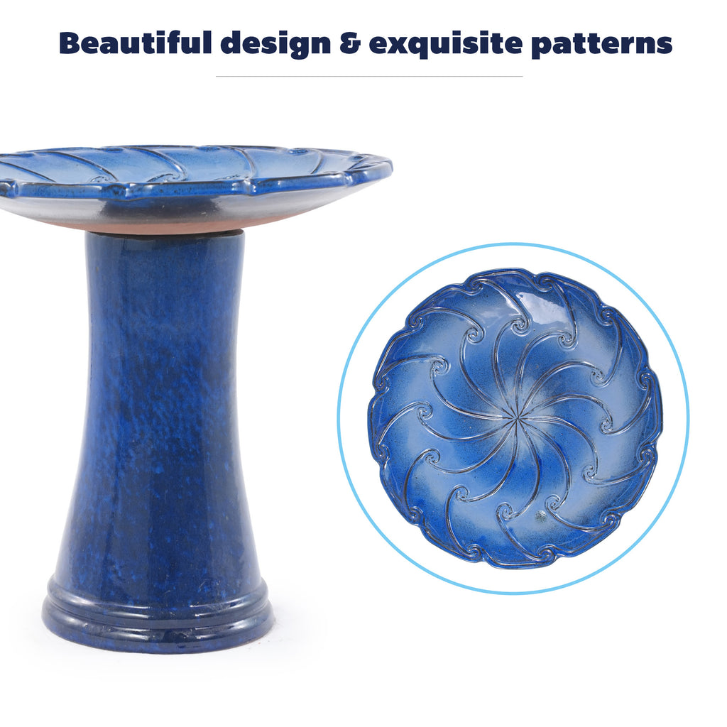 Handmade glazed ceramic bird bath, 17" swirling scroll embossed tray & 18" pedestal base, sapphire blue gradient glaze outdoor bird feeder for yard, lawn, patio & backyard