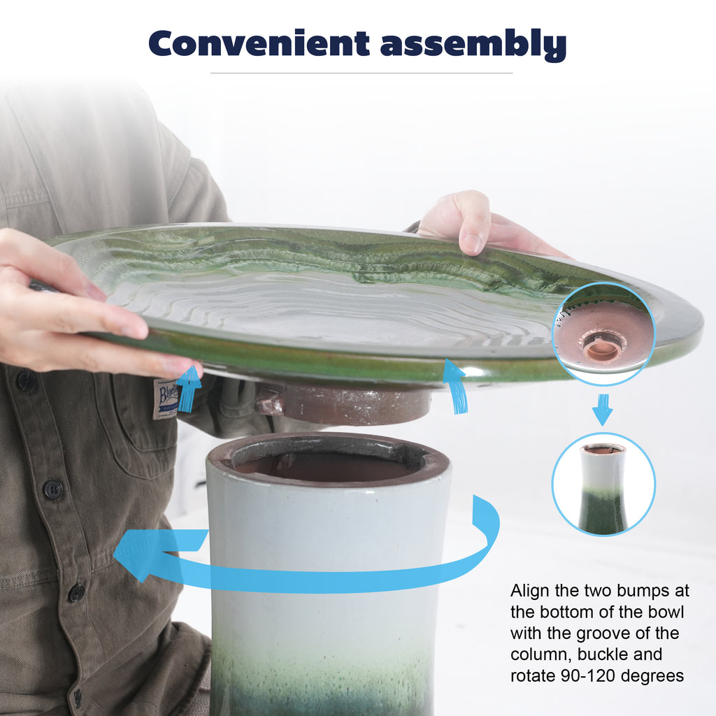 Handmade glazed ceramic bird bath, 17" concentric ripple embossed tray & 18" pedestal base, white to sage green ombre gradient glaze outdoor bird feeder for yard, lawn, patio & backyard