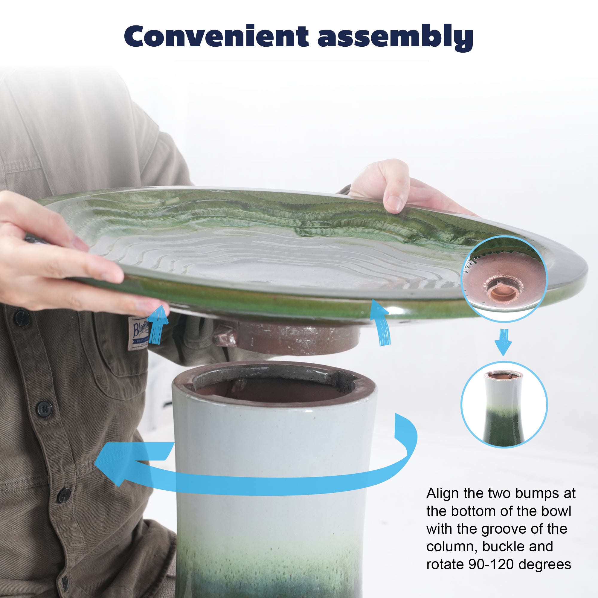Handmade glazed ceramic bird bath, 17" concentric ripple embossed tray & 18" pedestal base, white to sage green ombre gradient glaze outdoor bird feeder for yard, lawn, patio & backyard