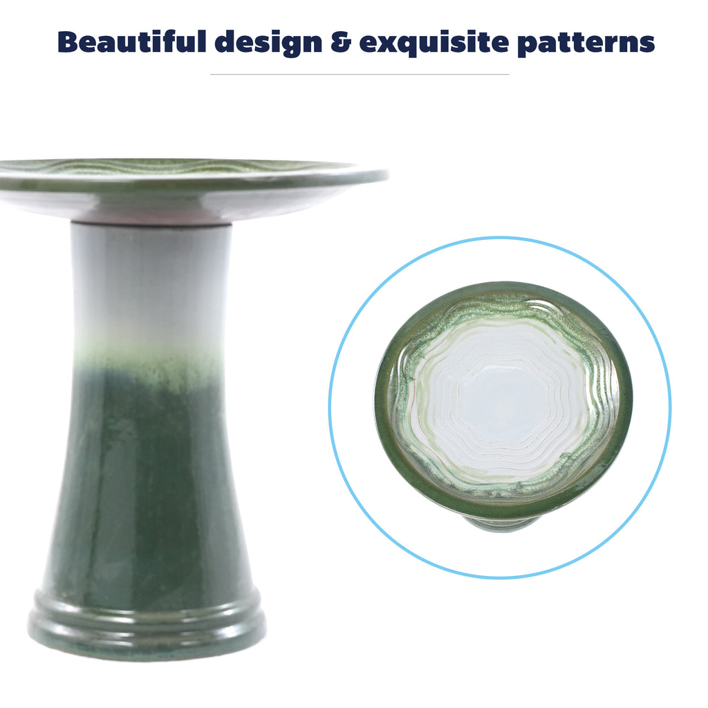 Handmade glazed ceramic bird bath, 17" concentric ripple embossed tray & 18" pedestal base, white to sage green ombre gradient glaze outdoor bird feeder for yard, lawn, patio & backyard