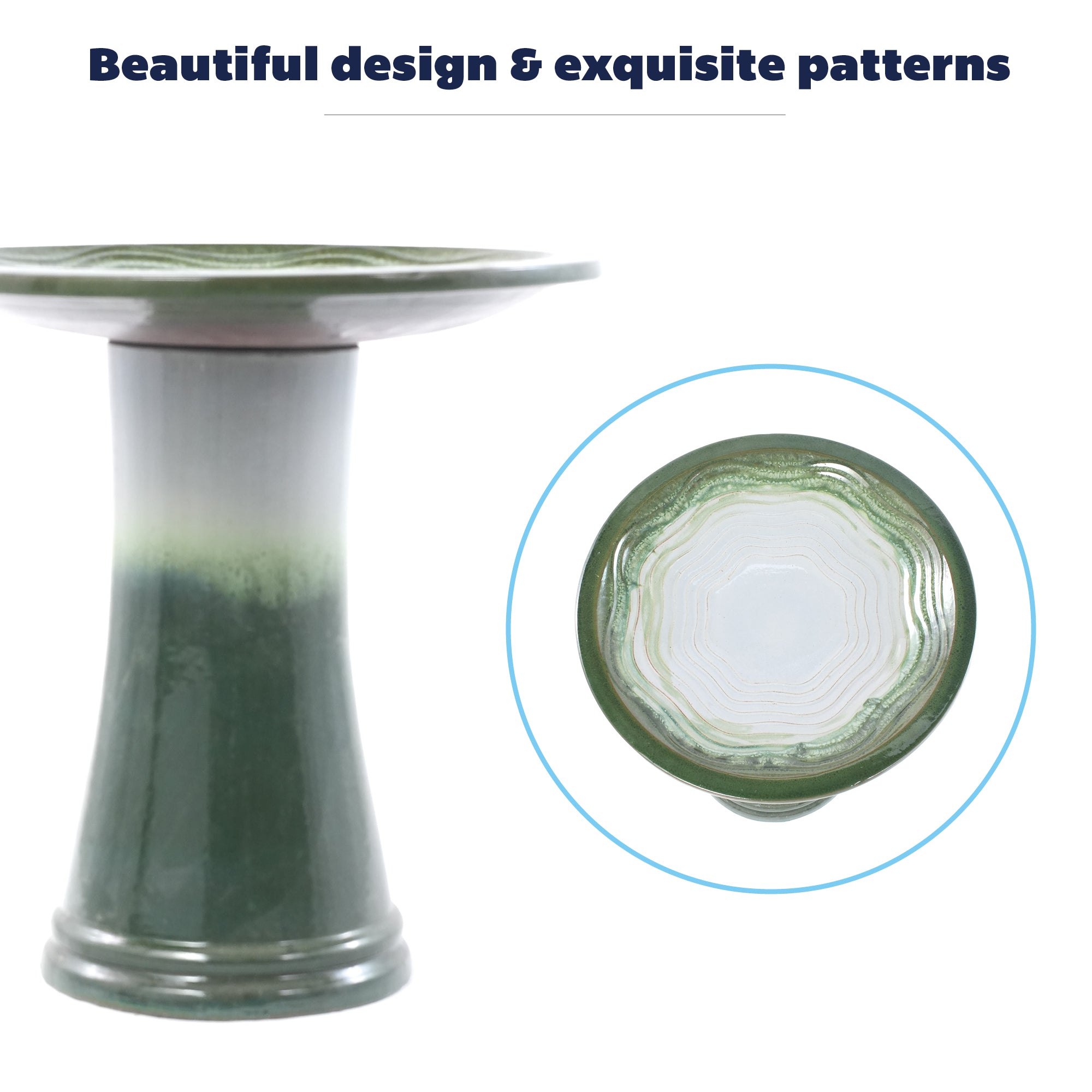 Handmade glazed ceramic bird bath, 17" concentric ripple embossed tray & 18" pedestal base, white to sage green ombre gradient glaze outdoor bird feeder for yard, lawn, patio & backyard