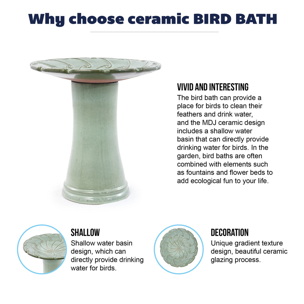 Handmade glazed ceramic bird bath, 17" swirling scroll embossed tray & 18" pedestal base, sage green gradient glaze outdoor bird feeder for yard, lawn, patio & backyard