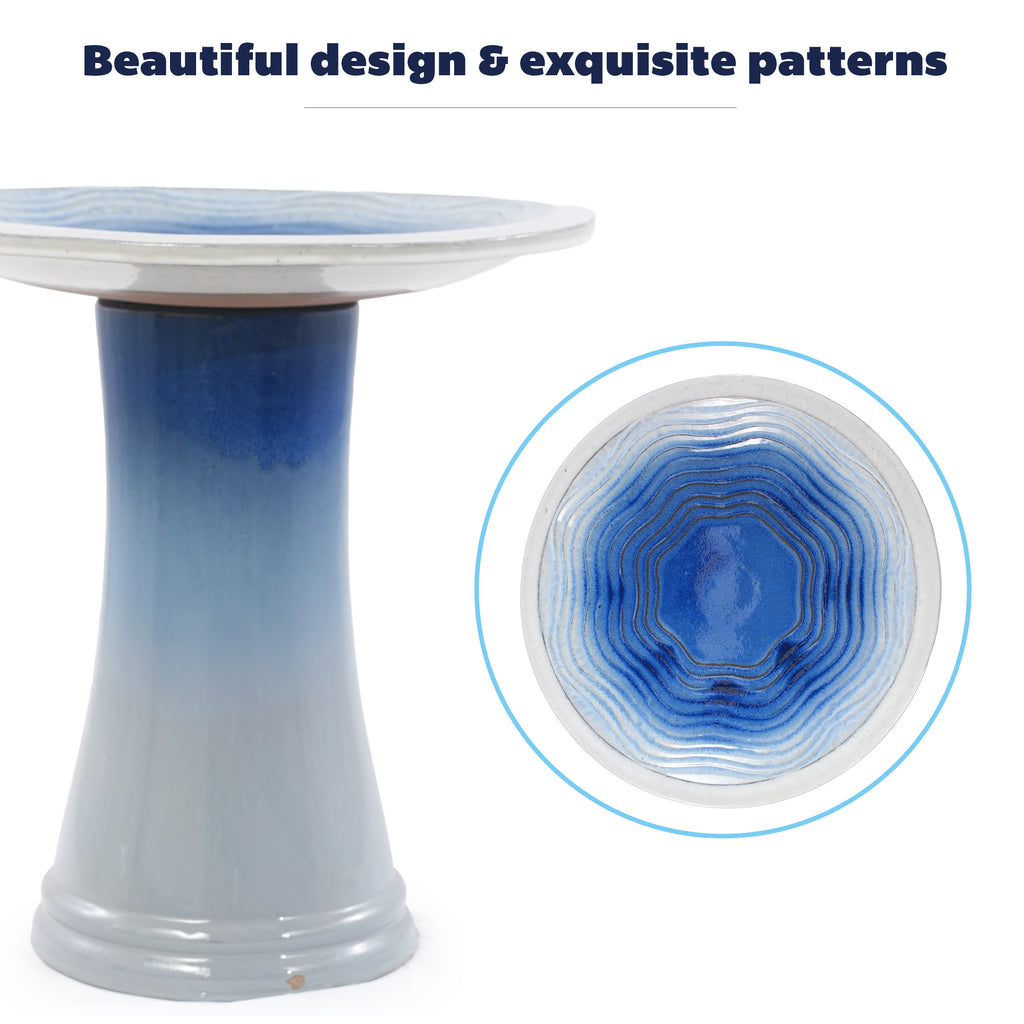 Handmade glazed ceramic bird bath, 17" concentric ripple embossed tray & 18" pedestal base, white to sapphire blue ombre gradient glaze outdoor bird feeder for yard, lawn, patio & backyard