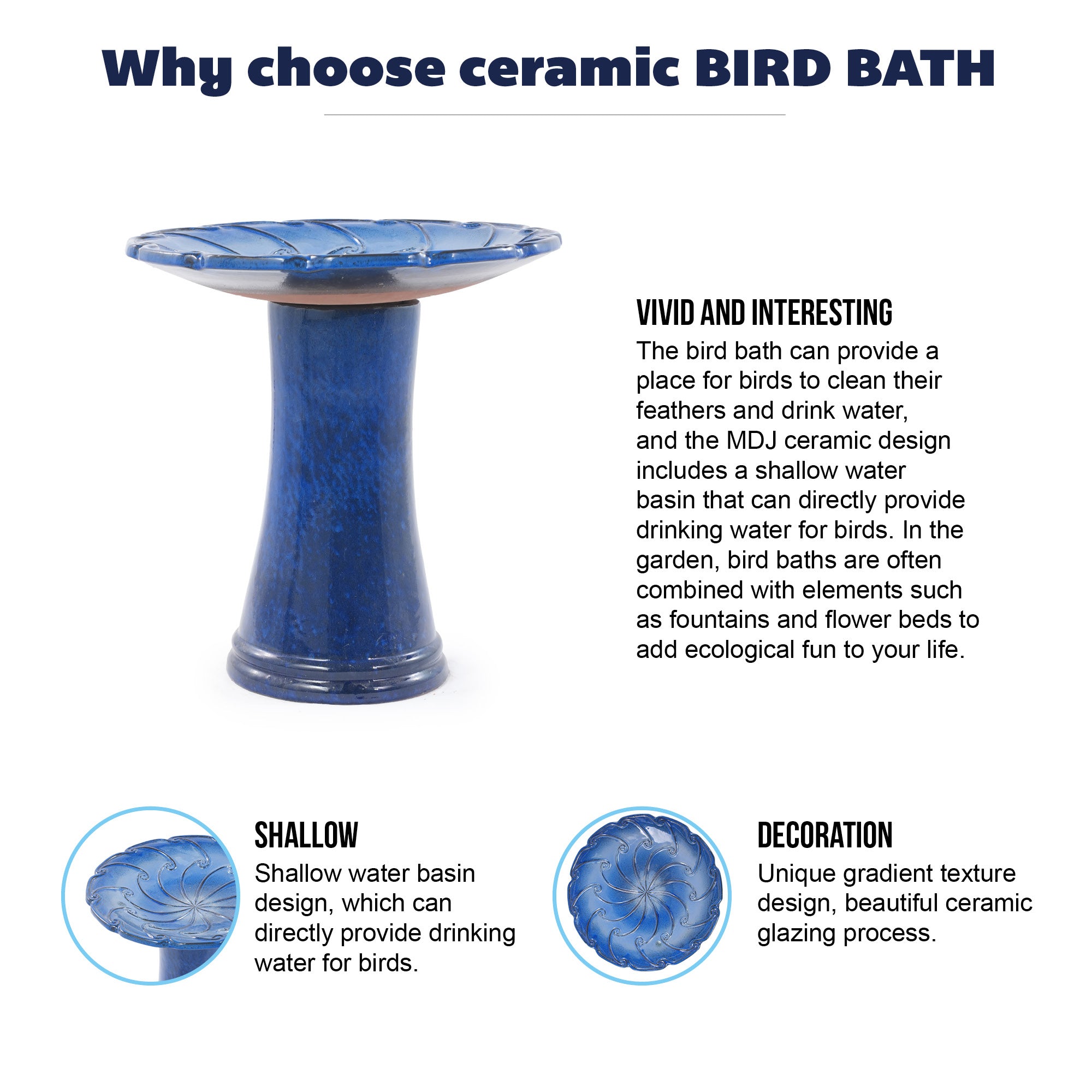 Handmade glazed ceramic bird bath, 17" swirling scroll embossed tray & 18" pedestal base, sapphire blue gradient glaze outdoor bird feeder for yard, lawn, patio & backyard