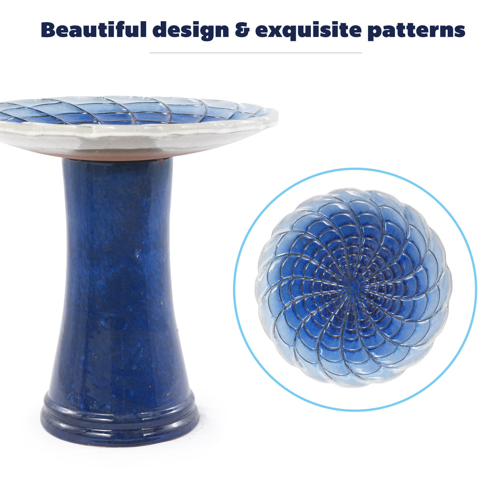 Handmade glazed ceramic bird bath, 17" concentric lotus embossed tray & 18" pedestal base, deep blue pale white gradient glaze outdoor bird feeder for yard, lawn, patio & backyard