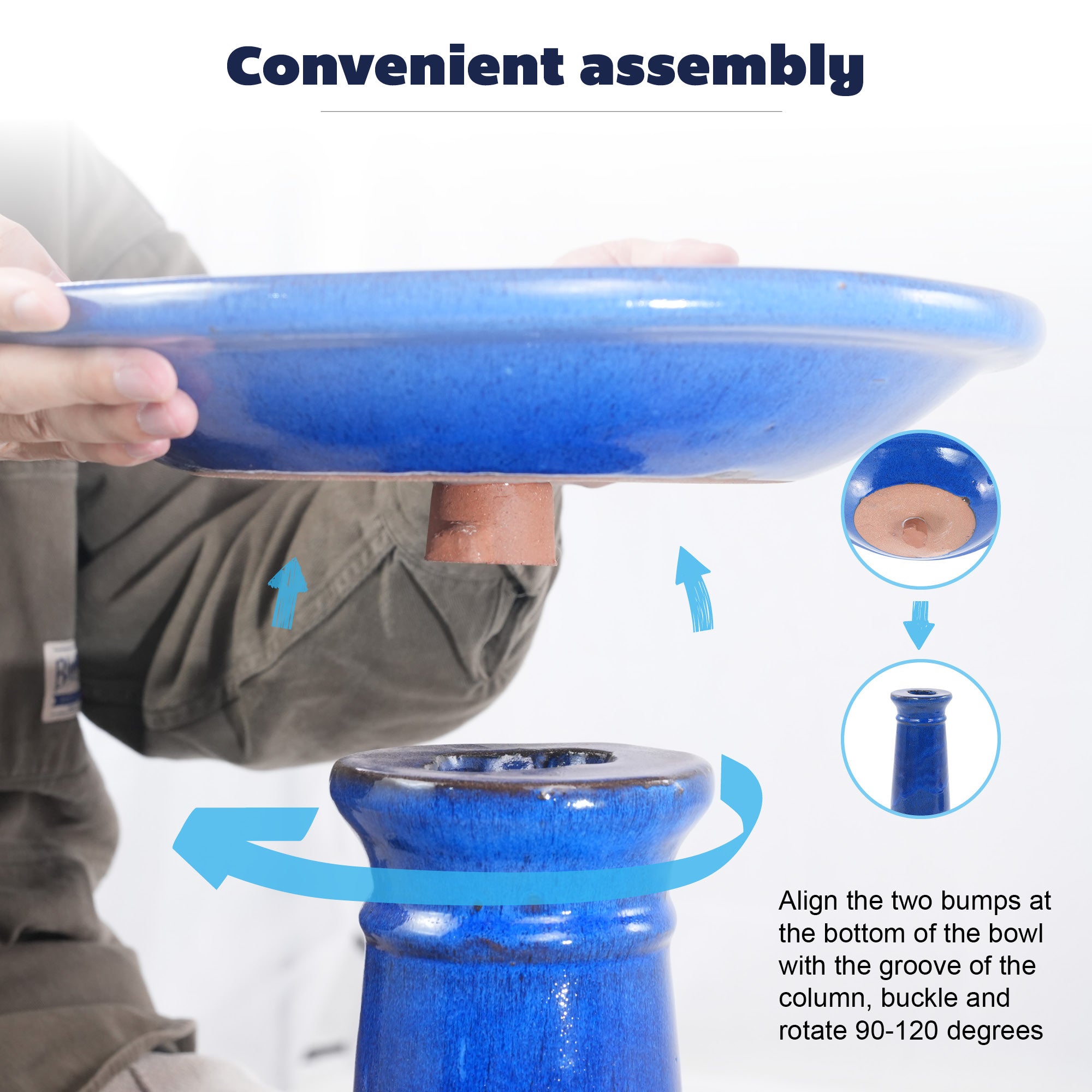 Ceramic Pedestal Bird Bath for Outdoor Garden, 12.2 Inch Diameter Vintage Sapphire Blue Birdbath, Tall Backyard Patio Wild Bird Water Feeder Yard Decor
