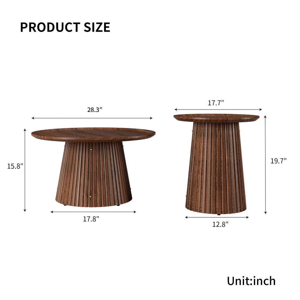 Round Coffee Table Set of 2, Large & Small Wooden Center & Side Tables, Modern Walnut Finish for Living Room & Office